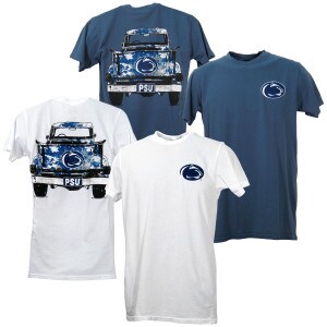 white and blue short sleeve t-shirts with Penn State Athletic Logos on left chests, old pickup trucks with PSU license plates on back